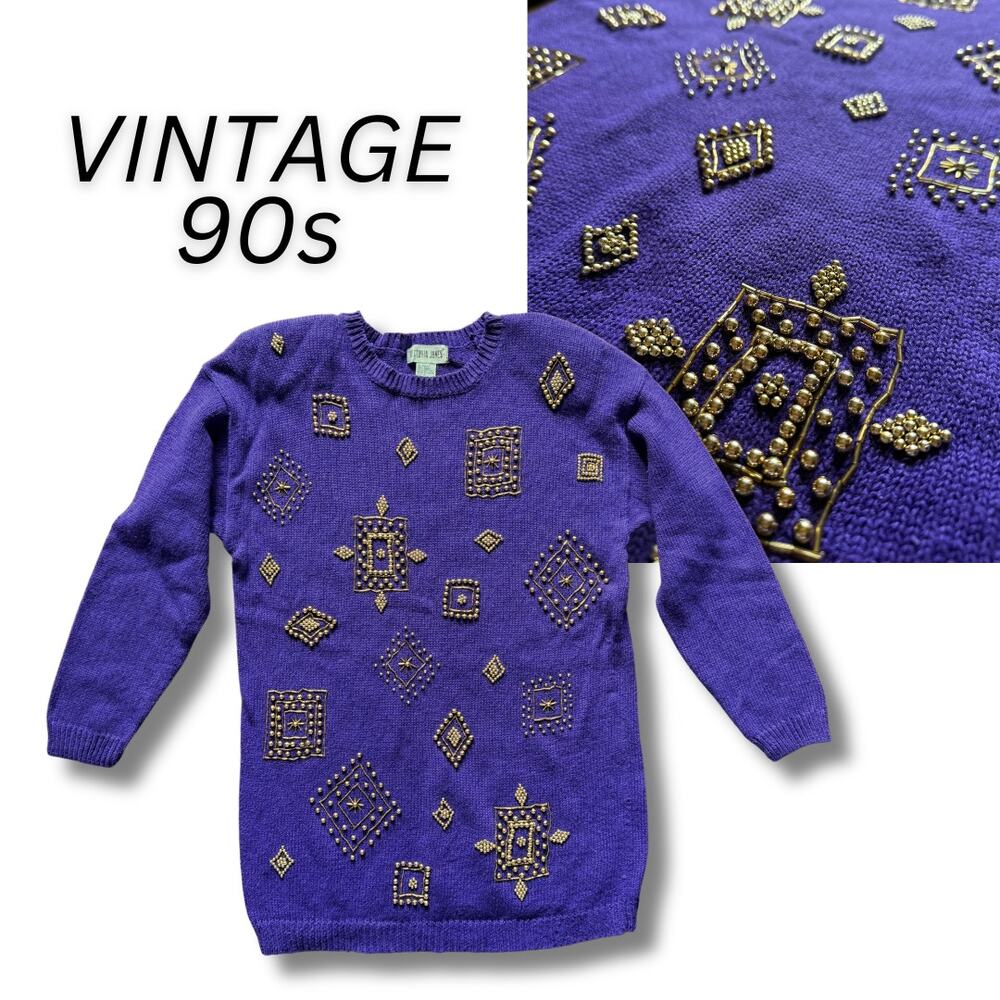 Vintage 90s Embellish Bead Sweater Purple Statement WhimsyGoth Emo Punk Indie